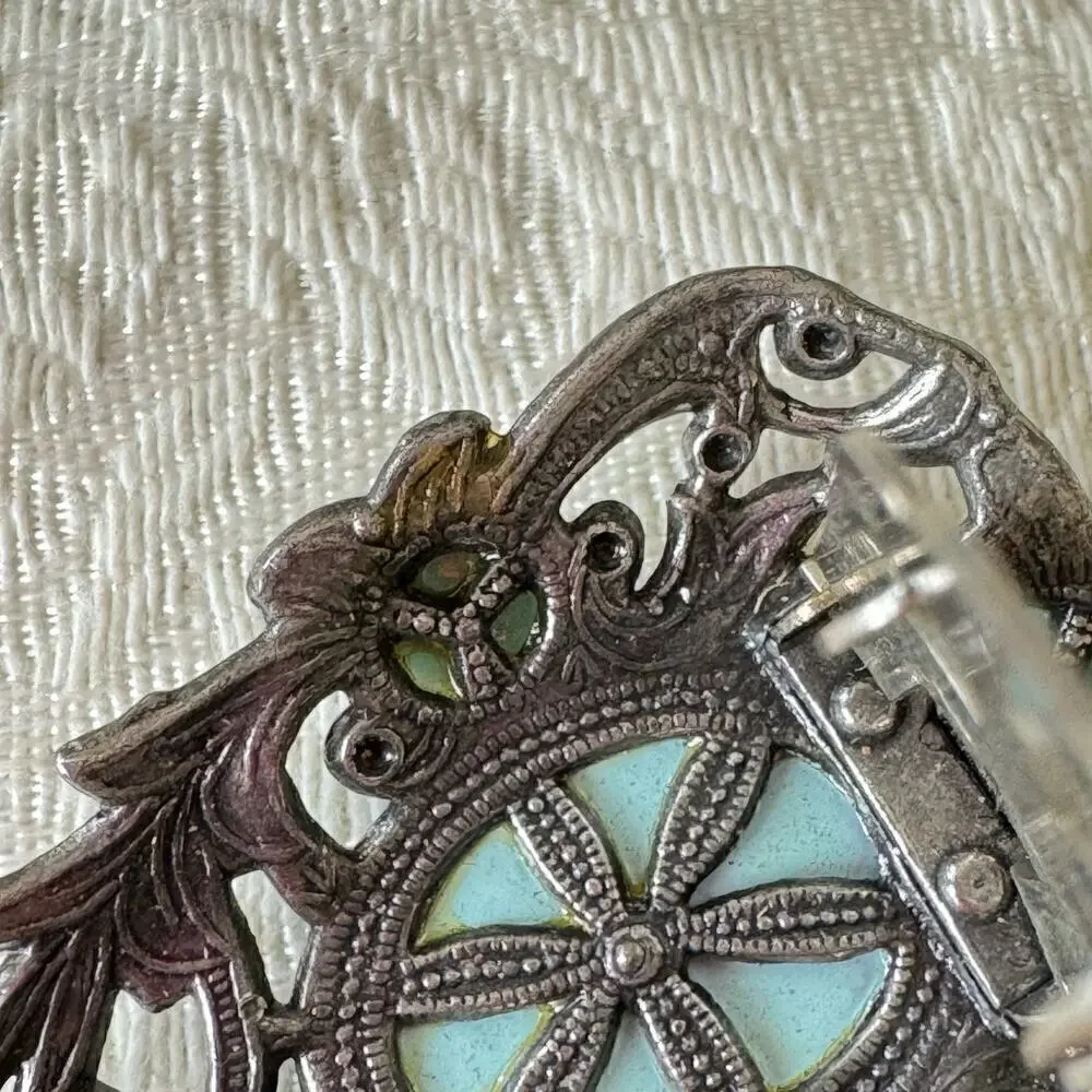 Vintage Art Deco Filigree Turquoise Glass & Silver Dress Fur Clip Brooch 1920s